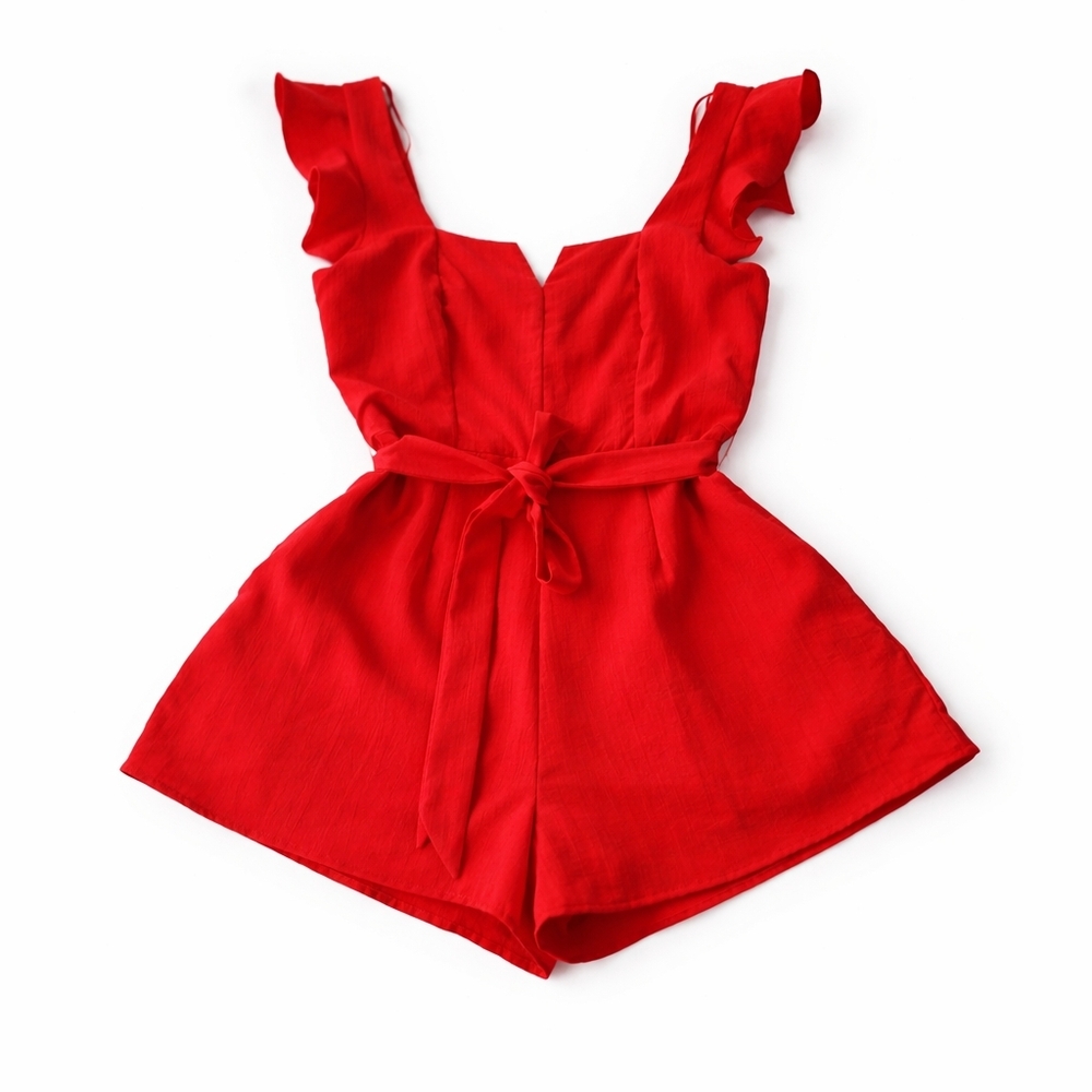 Red Ruffle Sleeve Tie-Waist Romper